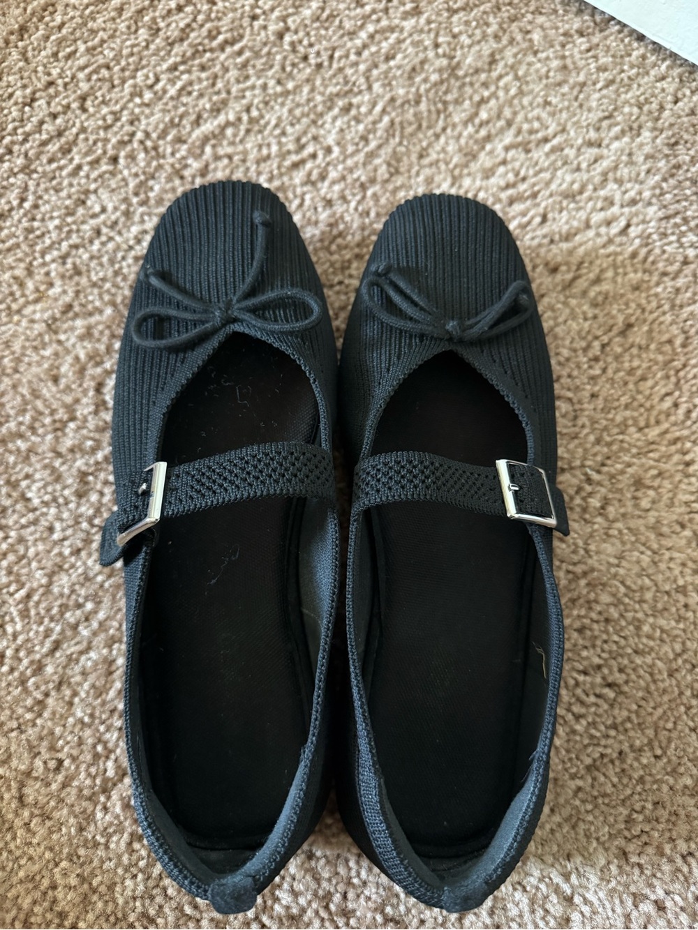 Black Ribbed Mary Jane Flats with Buckle Strap